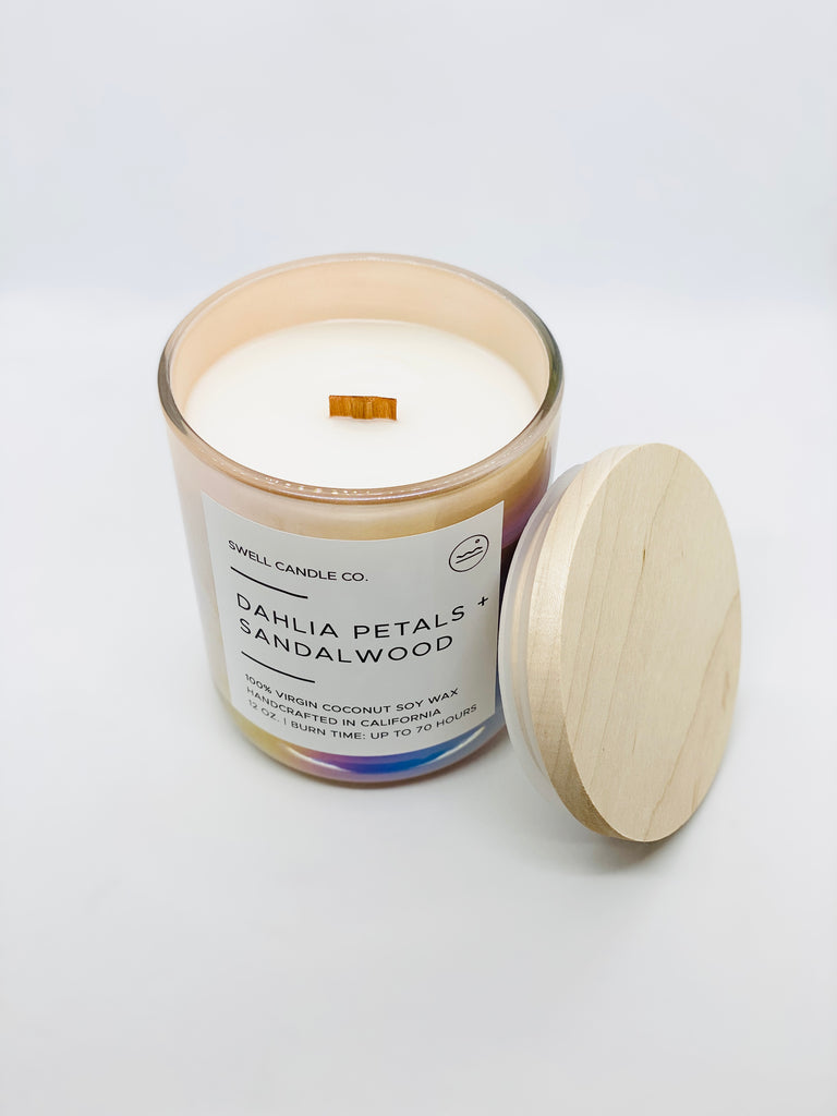 Dahlia Petals + Sandalwood Coconut Soy Candle with Wooden Wick